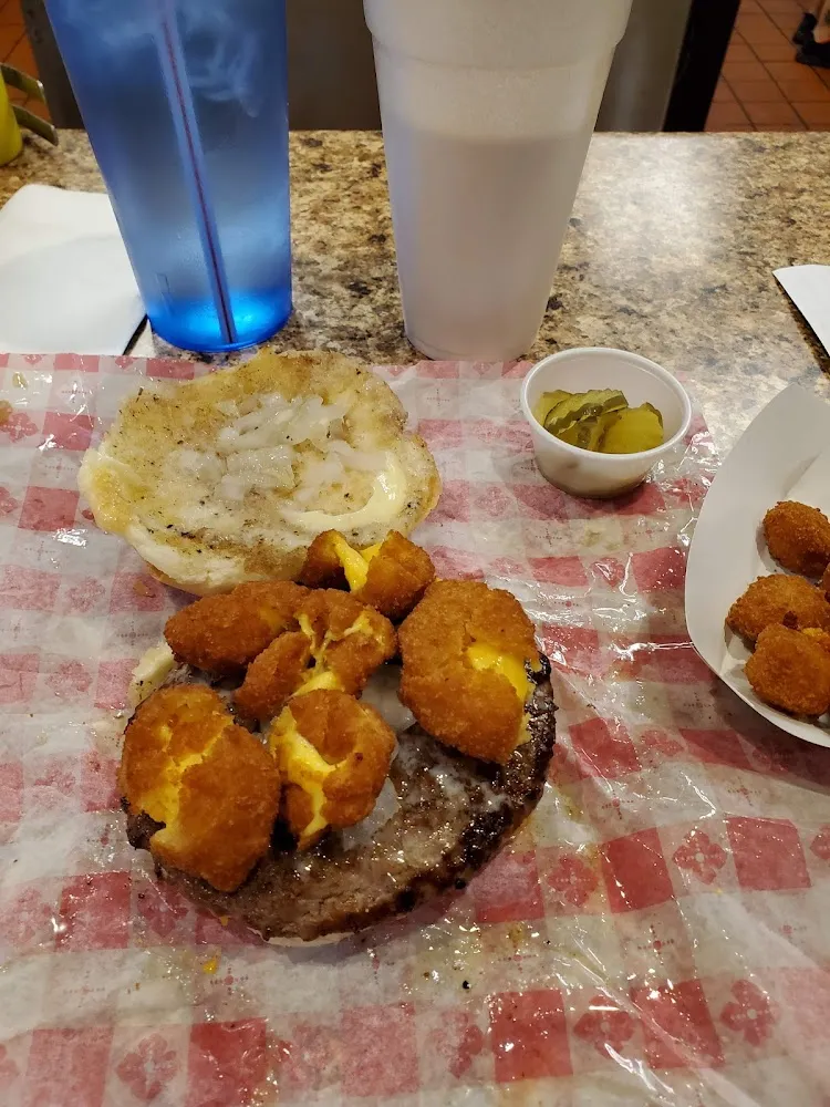 Steak Burger with Cheese and Deep Fried Cheese Curds on Top